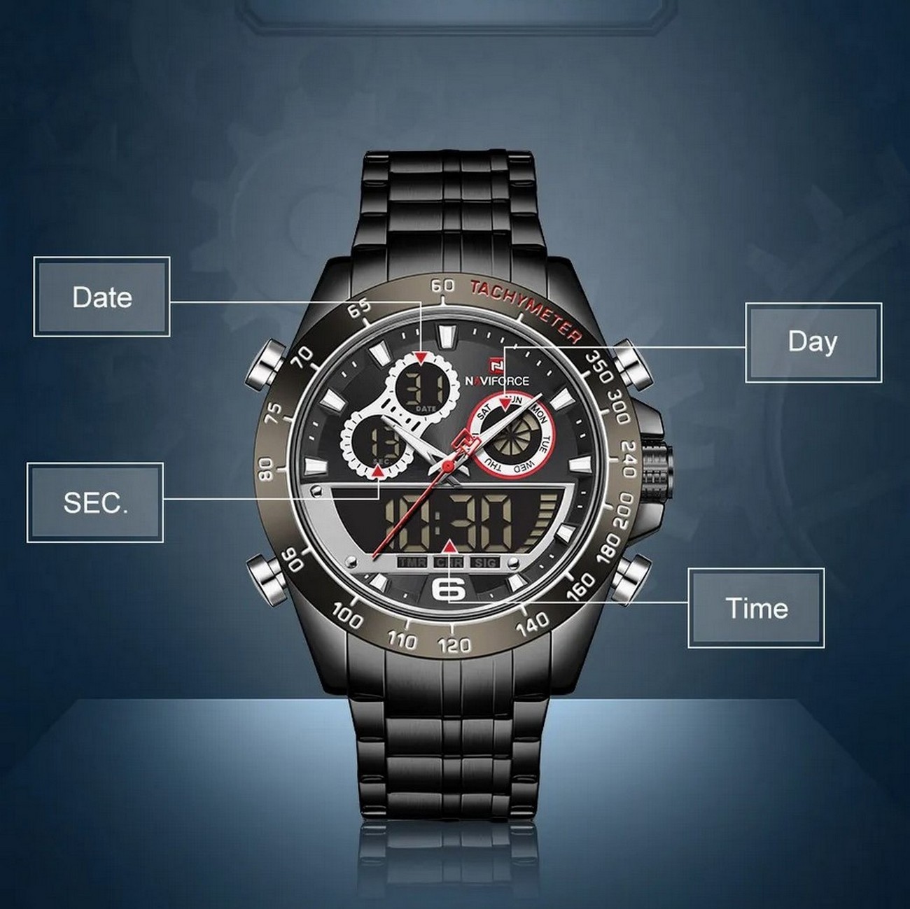 Reloj Naviforce Original 9188 + Estuche Dayoshop Color De La Correa Negro